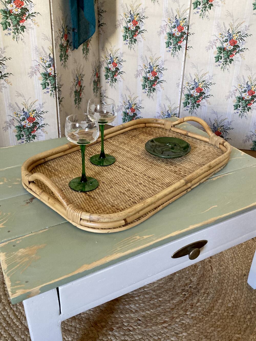 Vintage service tray in bamboo and rattan