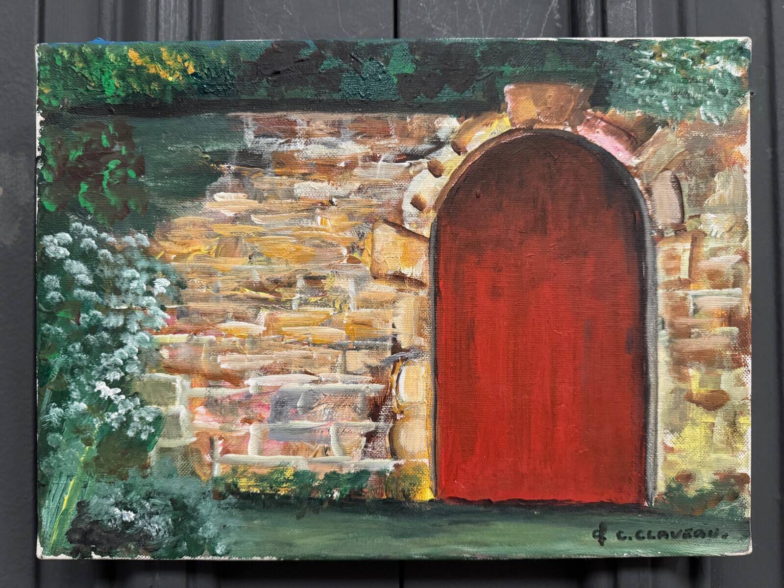 Oil on canvas by Claude Claveau wall with red door 20th century