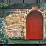 Oil on canvas by Claude Claveau wall with red door 20th century