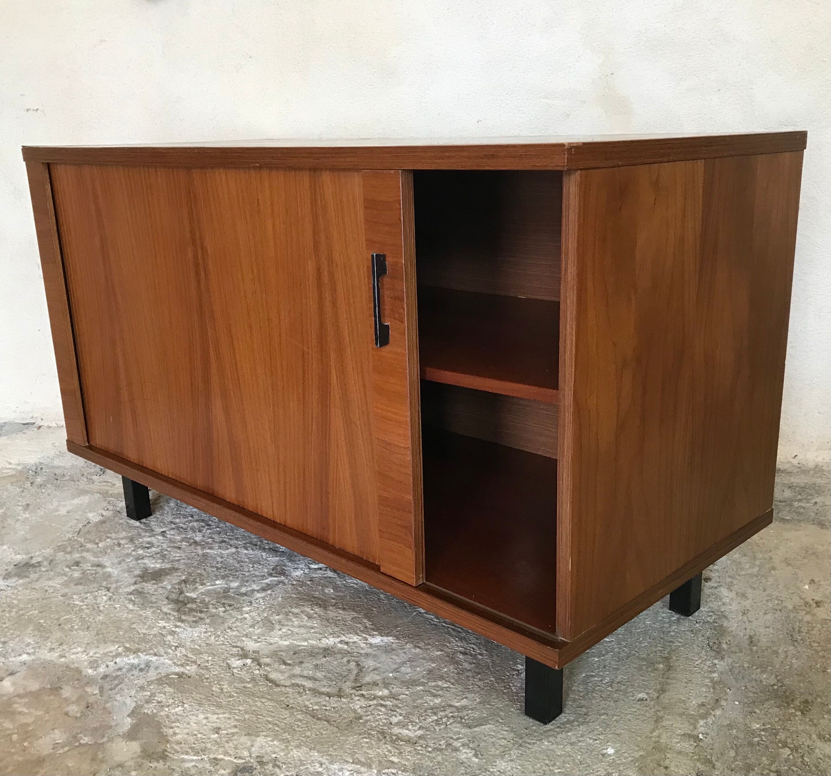 Vintage storage cabinet box on feet with sliding curtain