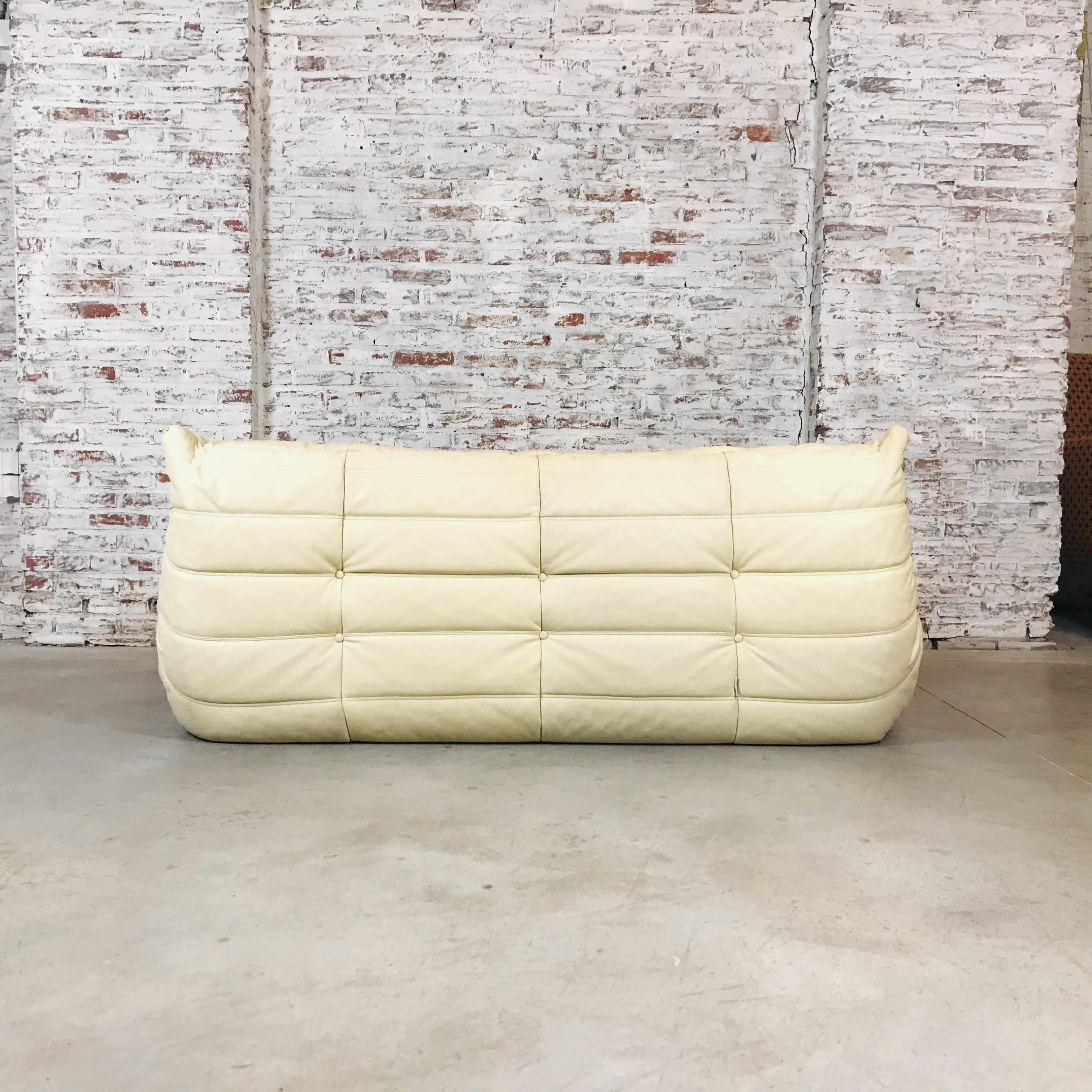 Togo sofa in beige leather by Michel Ducaroy for Ligne Roset, 1986