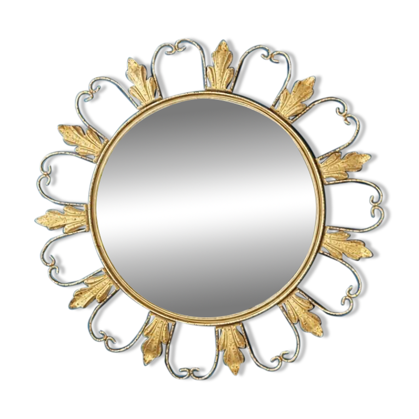Circular gold metal mirror with floral decoration – 1960s