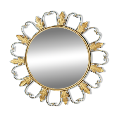 Miroir circulaire en métal doré à décor floral – Années 1960