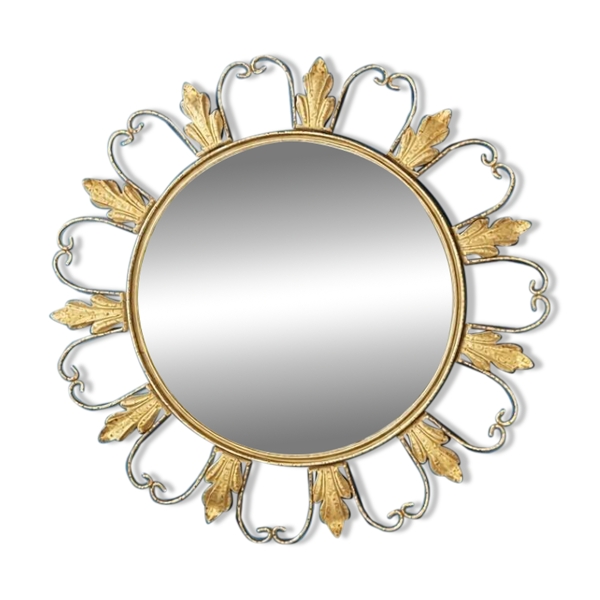 Miroir circulaire en métal doré à décor floral – Années 1960 — Beyit