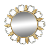 Circular gold metal mirror with floral decoration – 1960s