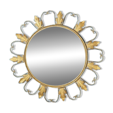 Circular gold metal mirror with floral decoration – 1960s