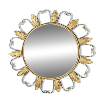 Miroir circulaire en métal doré à décor floral – Années 1960
