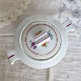 Vintage white porcelain sugar bowl with double handles - Floral decoration