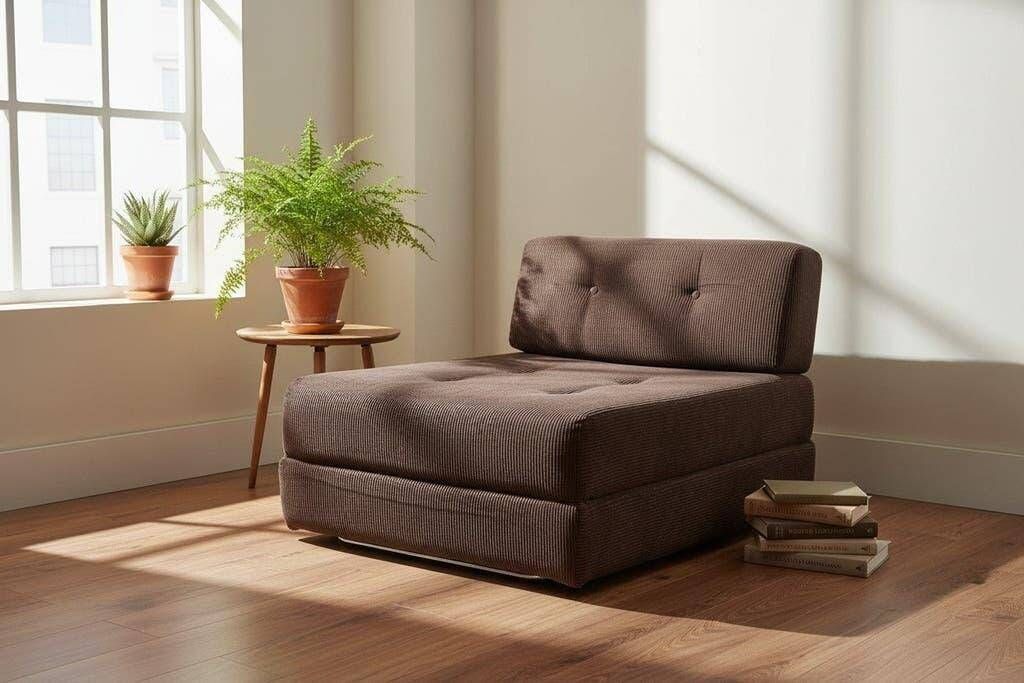 Fauteuil vintage marron côtelé / une place avec accent chromé