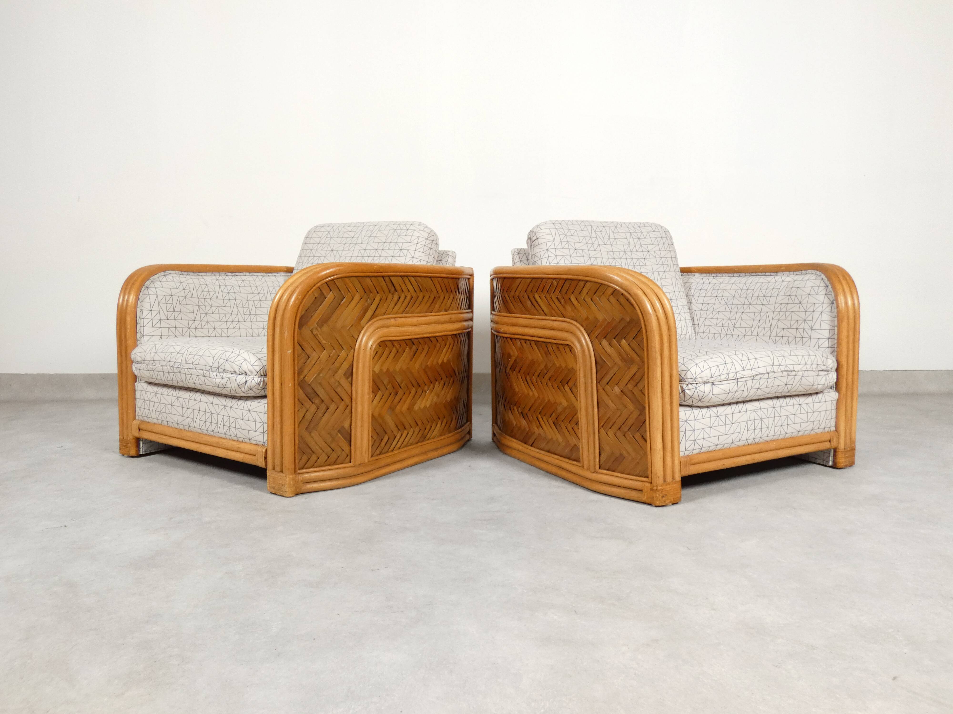 Set of 2 bamboo and rattan fauteuils with graphic fabric