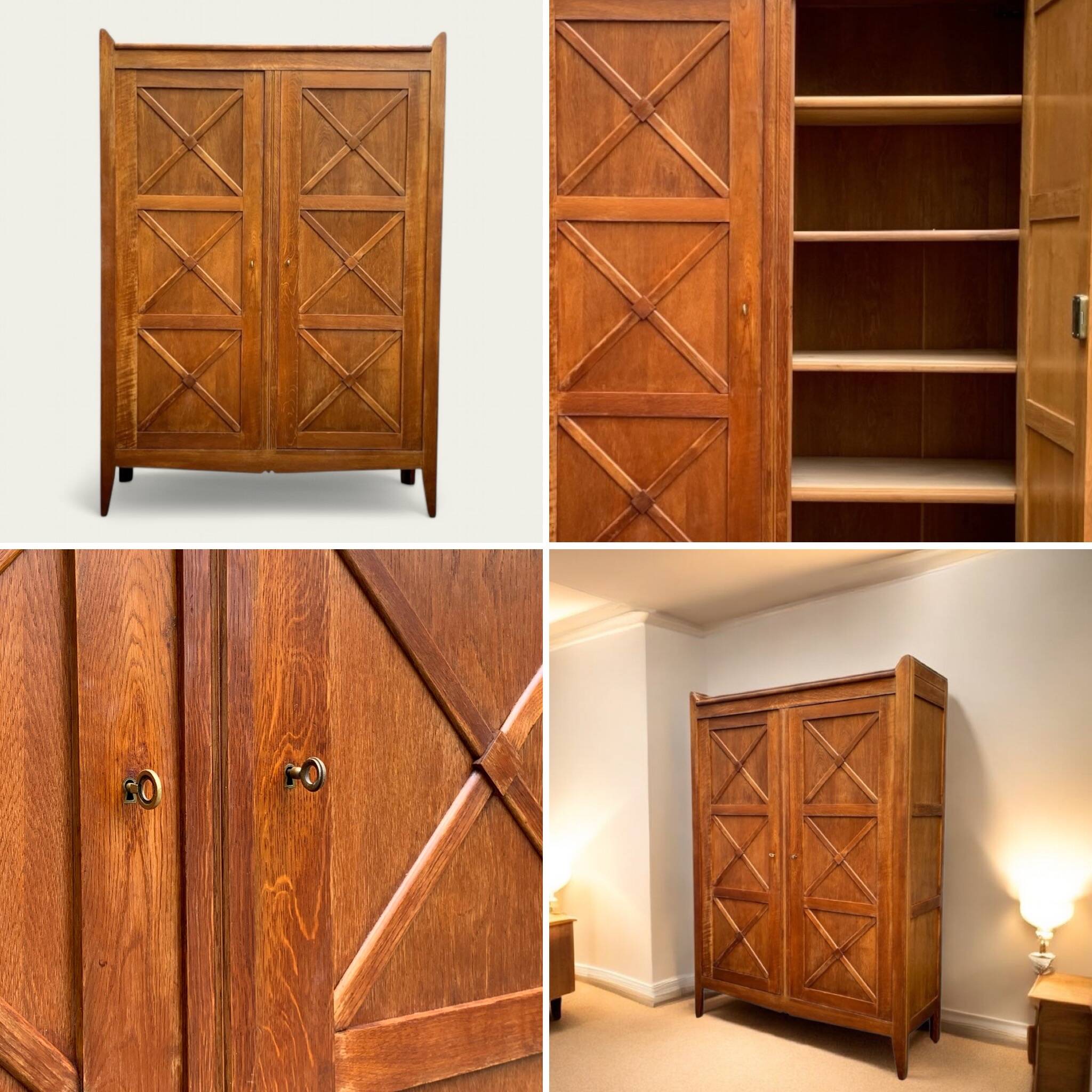 Vintage solid oak cross-braced wardrobe 1940