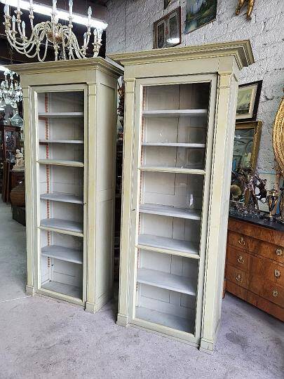 Magnificent pair of green painted fir bookcase display cabinet early 20th century