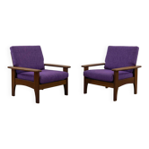 Set of 2 scandinavian easy chairs in teak with purple upholstery