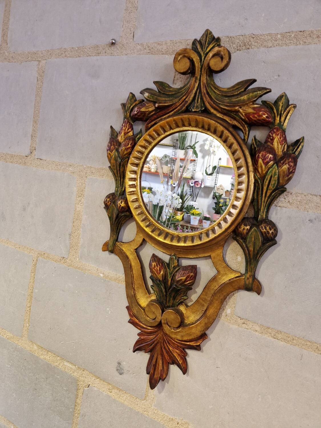 Antique Italian Polychrome Carved Wooden Mirror