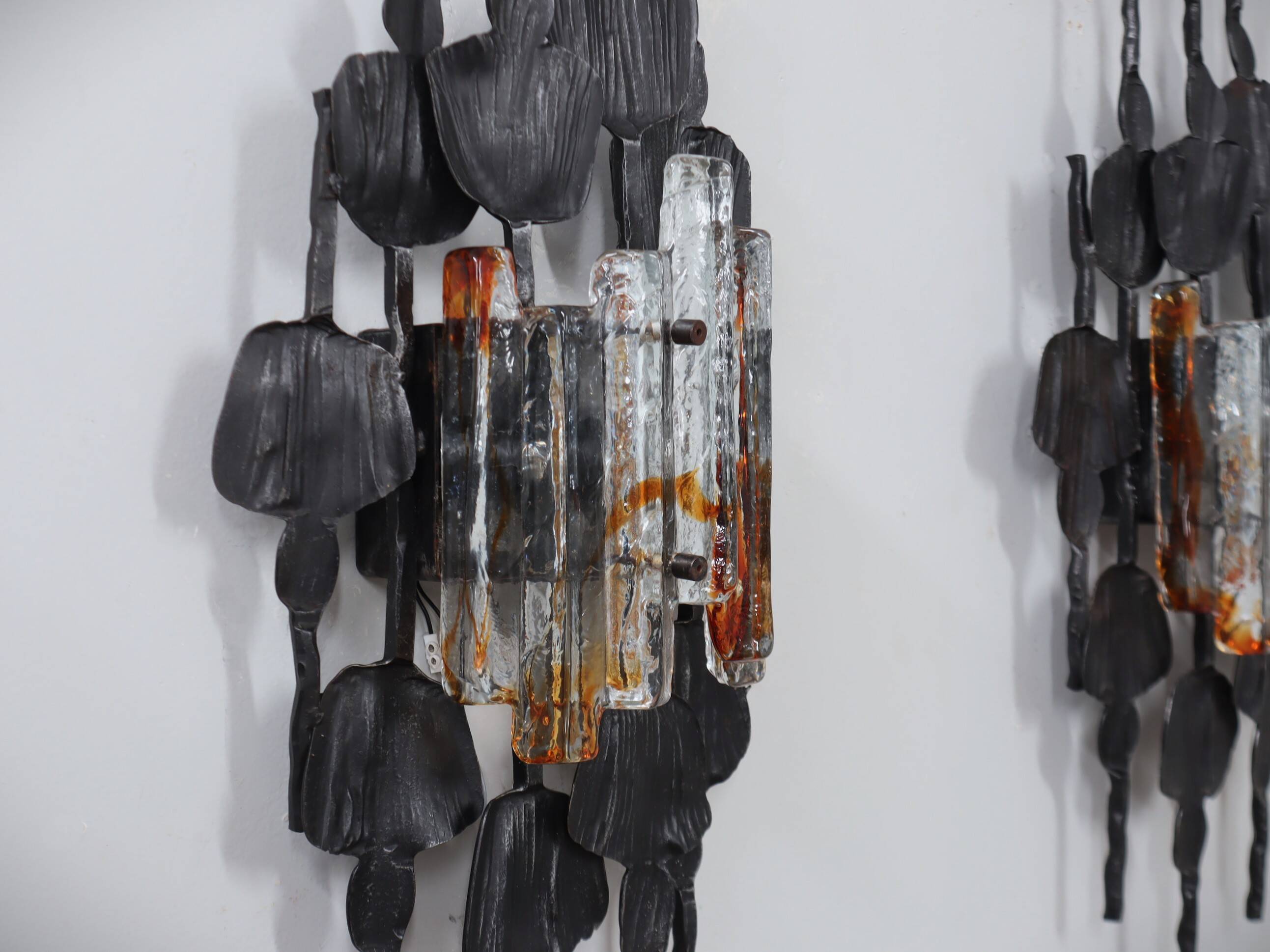 Set of 3 Brutalist Murano glass strips sconces / wall lamps Italy 1970s