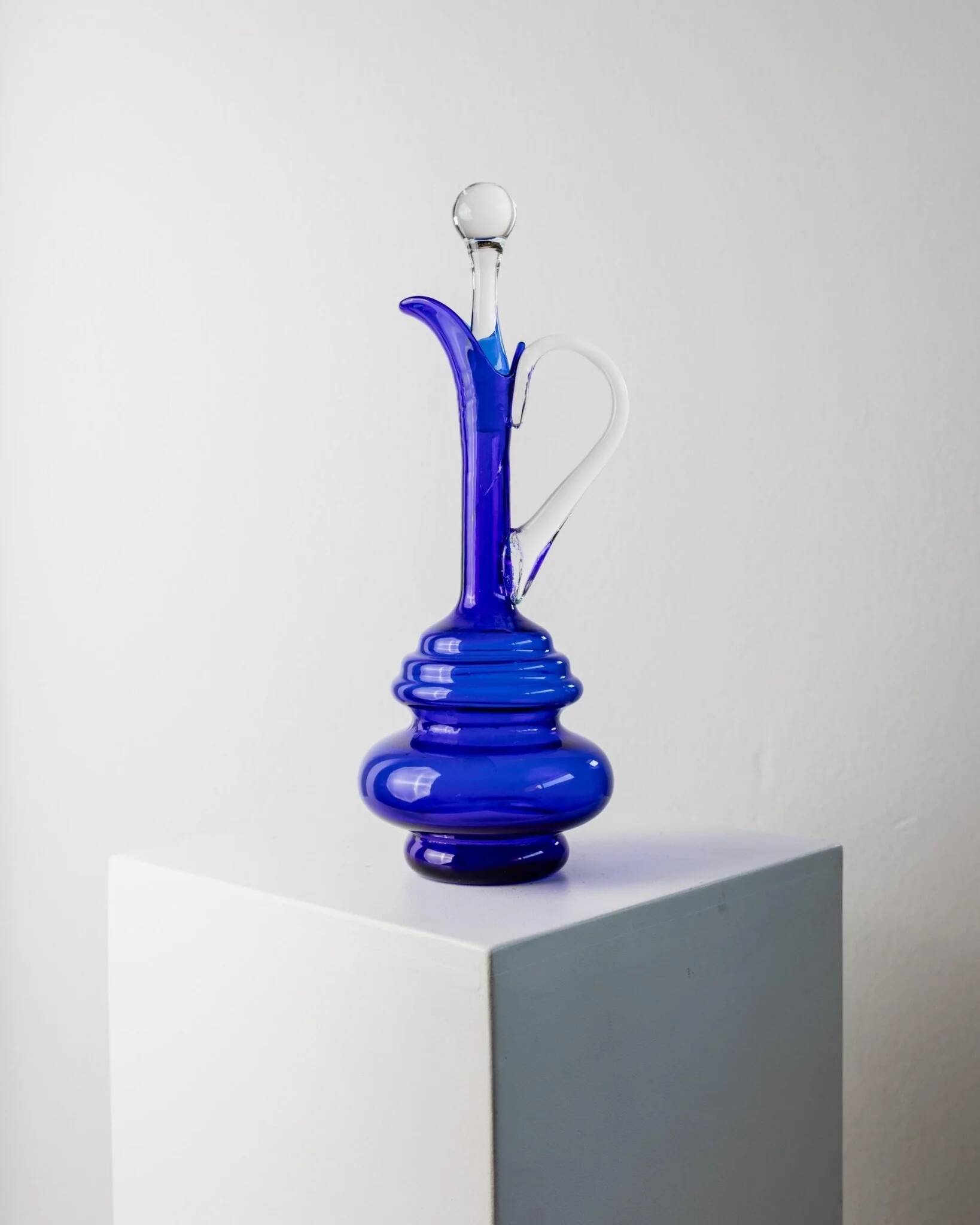 Murano cobalt blue glass carafe with clear handle and stopper - 1960s Italy, vintage mid-century design
