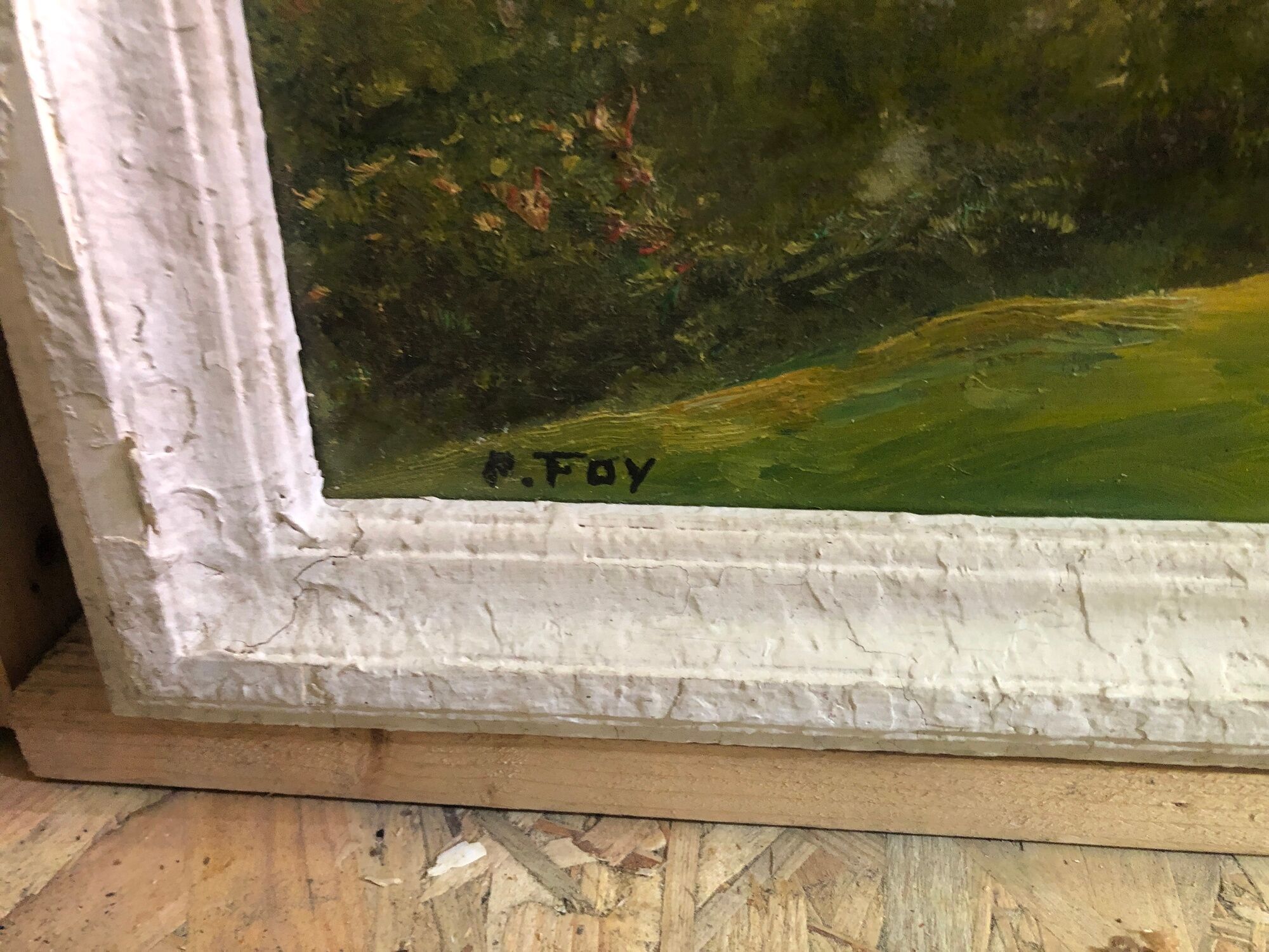 Old painting oil on panel p. FOY Mountain view + Frame Wood Vintage White