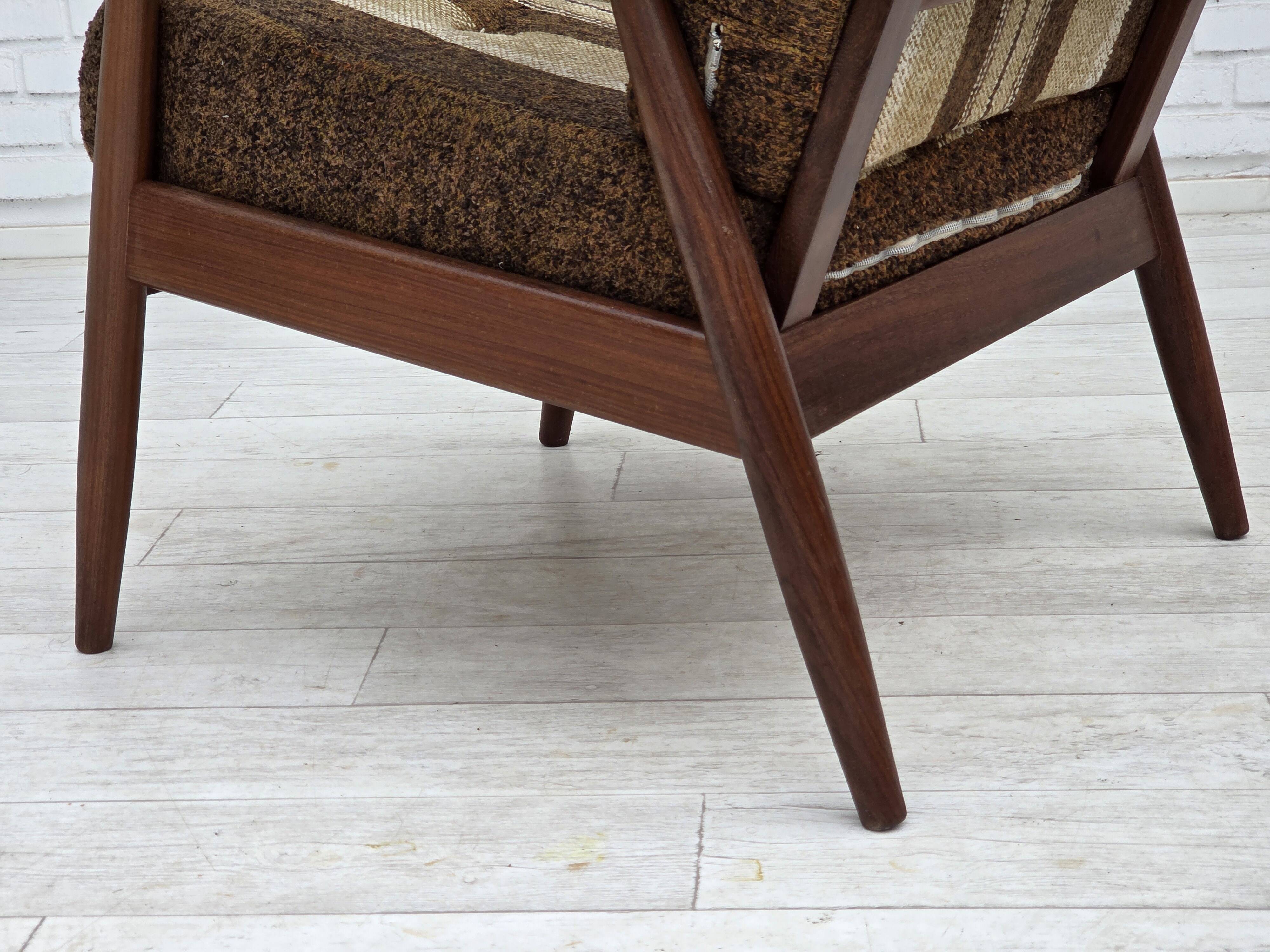 1970s, Danish armchair, teak wood, furniture wool fabric.