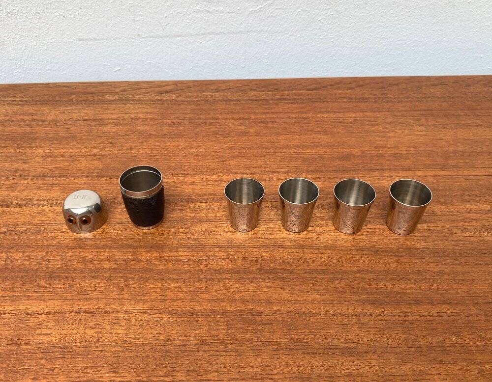 Set of 5 metal shot glasses in German owl style from the mid-century, 1960s.