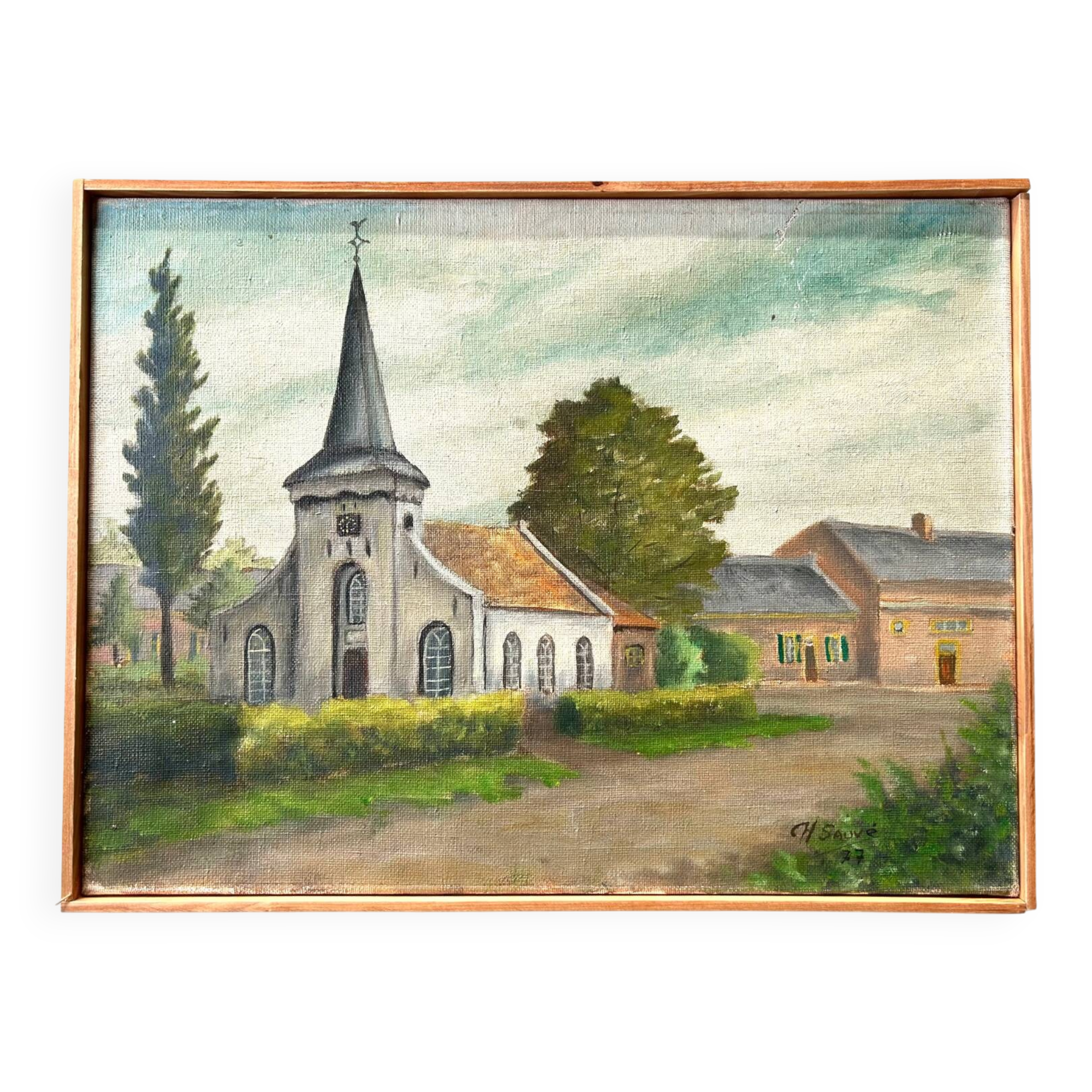 Oil on canvas Church, Belgian School, H. Sauvé, 1977.
