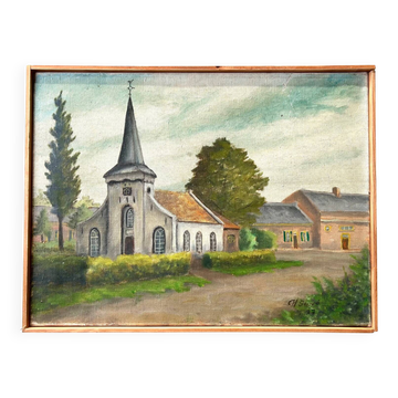 Oil on canvas Church, Belgian School, H. Sauvé, 1977.