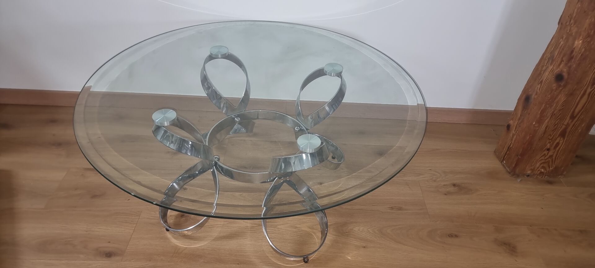 Table basse vintage Spage Age en verre et chrome. Style Hesterberg