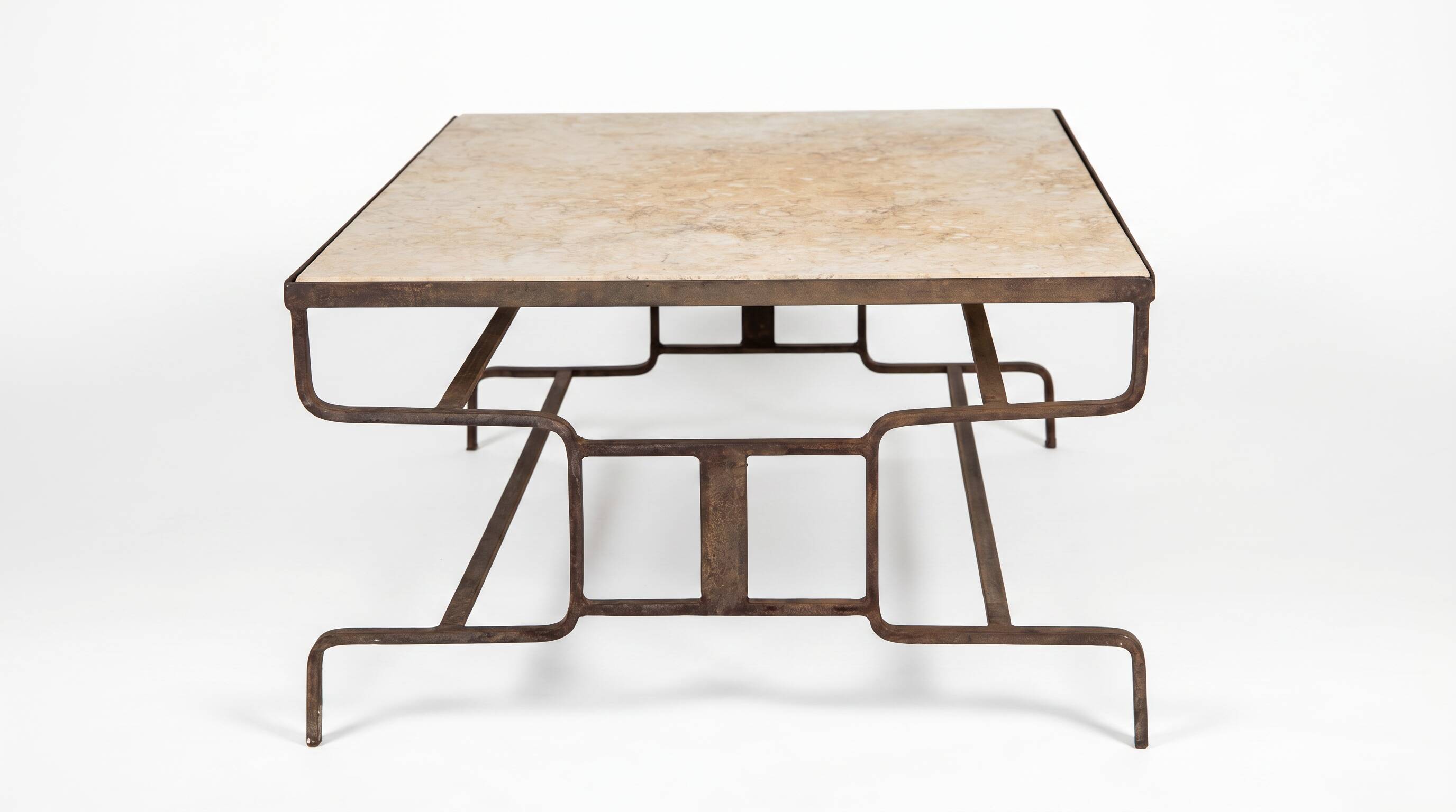 French handcrafted coffee table in travertine and wrought iron, 1920s.