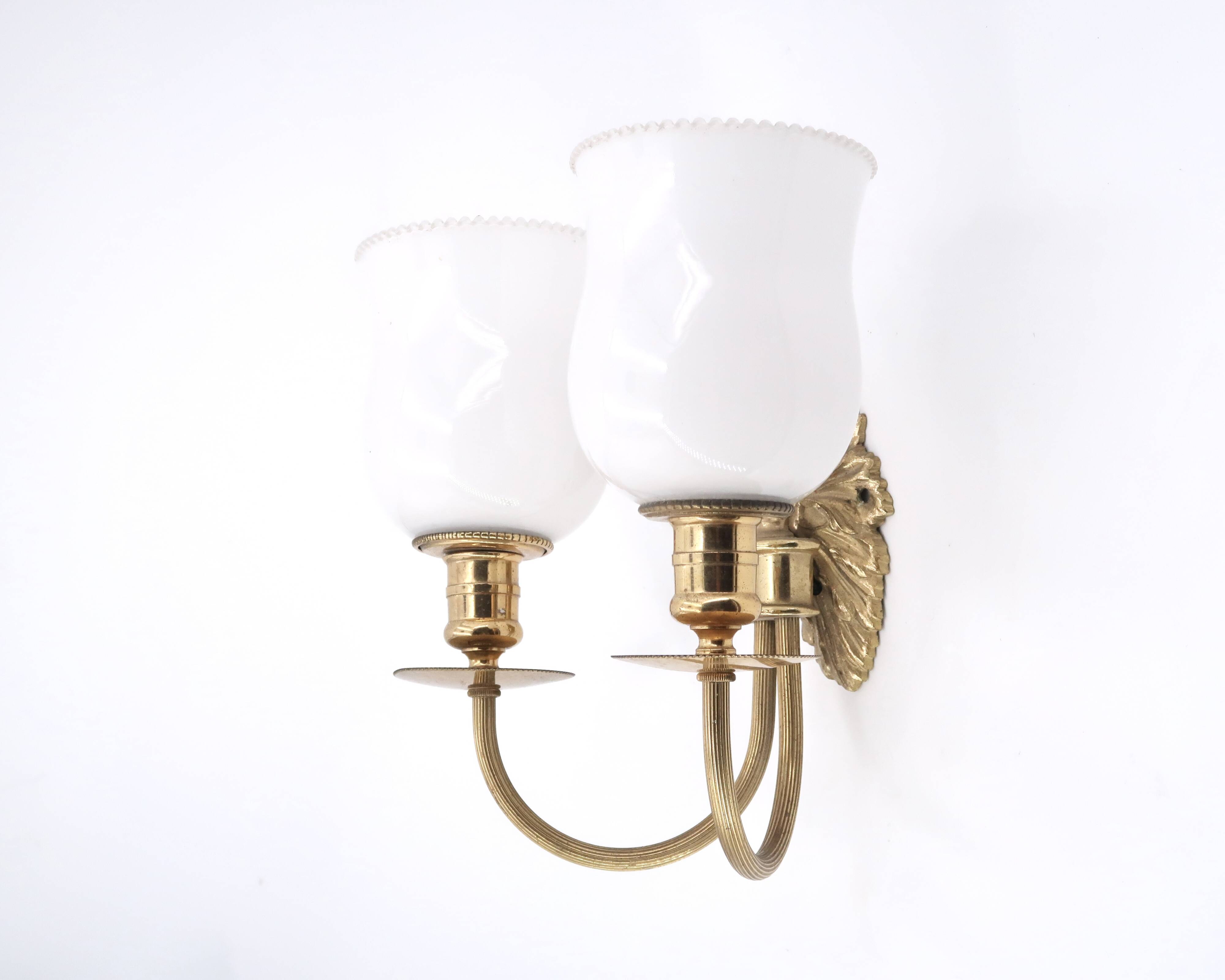 Three wall lights in brass and opaque glass, 1950s