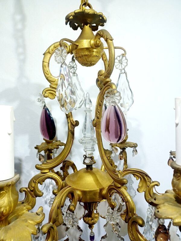 Lustre en bronze et cristal à 6 lumières