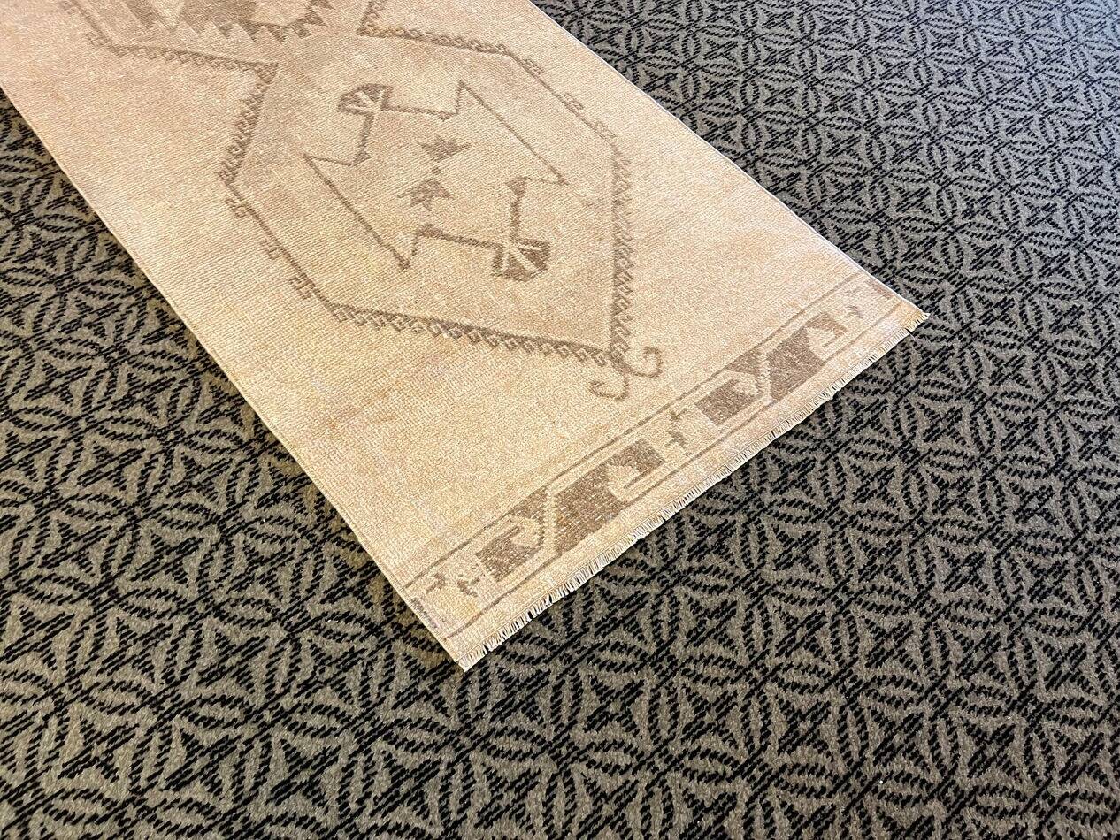 Vintage Handmade Muted Beige and Brown Long Hallway Runner