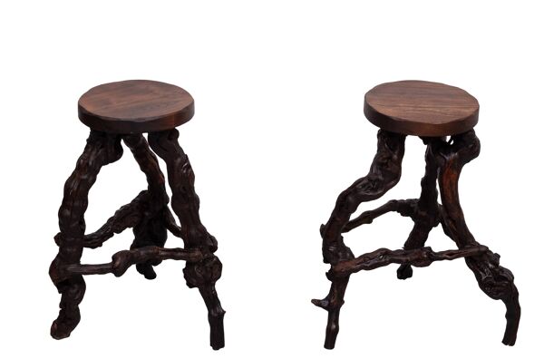 2 tabourets de bar en racines de vigne torsadées, années 1960