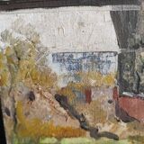 Peinture à l'huile vintage française sur toile d'une mine, signée ML Bertin Eustache