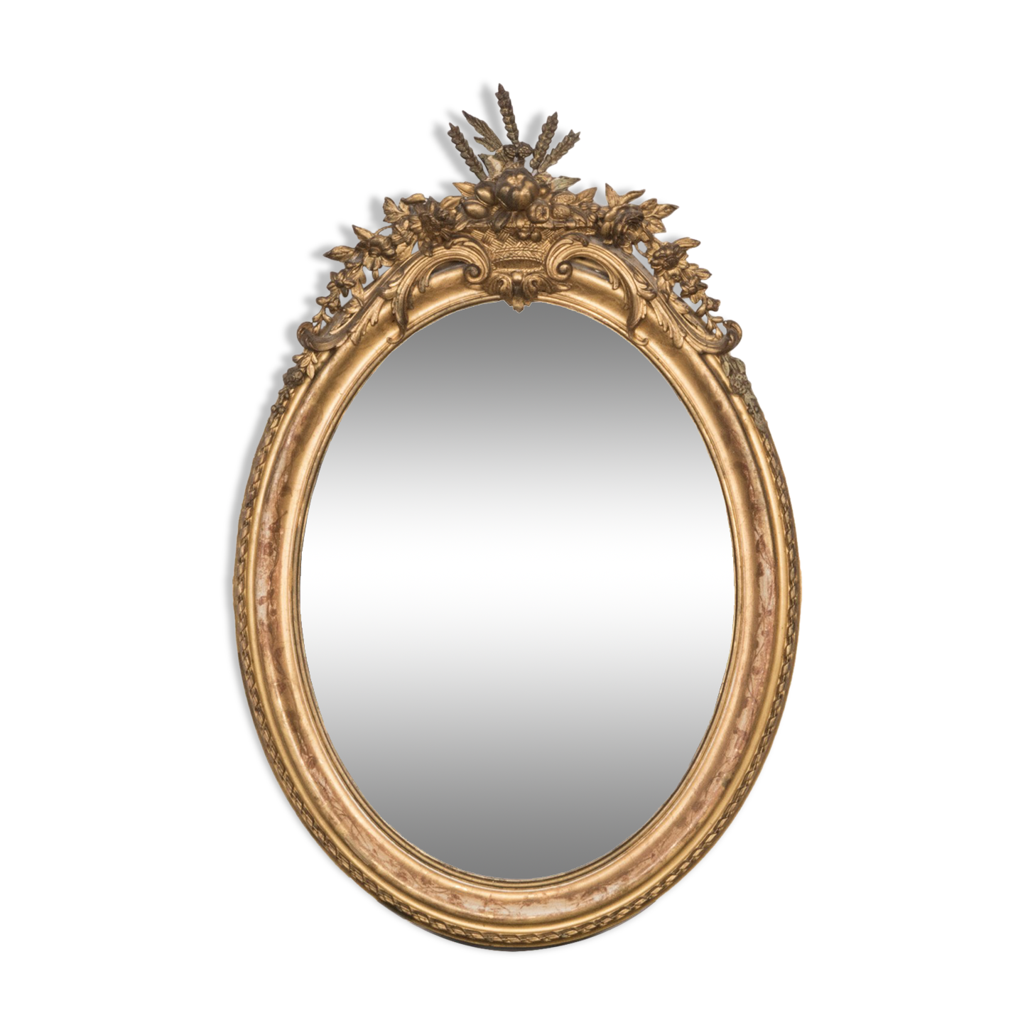 19th C French Oval Gold Leaf Mirror with Crest