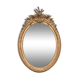 19th C French Oval Gold Leaf Mirror with Crest