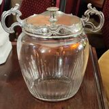 Ancien pot à biscuits/sucrier métal argenté et verre