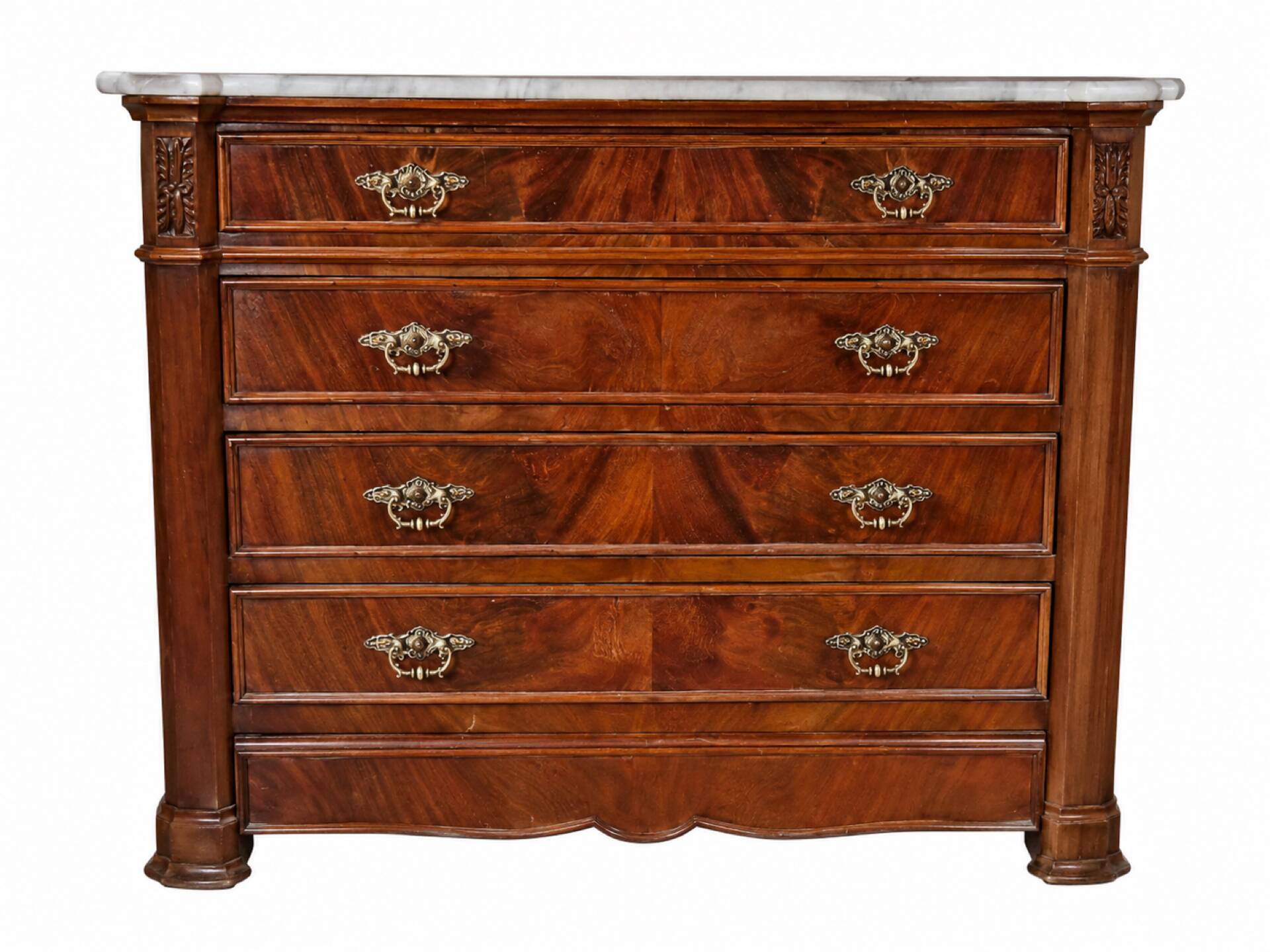 Antique Napoleon III commode in flame mahogany, with a white marble top.