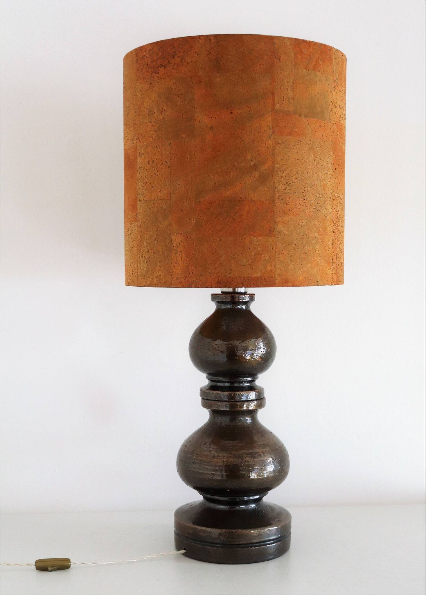Italian Ceramic Table Lamp by Aldo Londi with Cork Lampshade, 1960