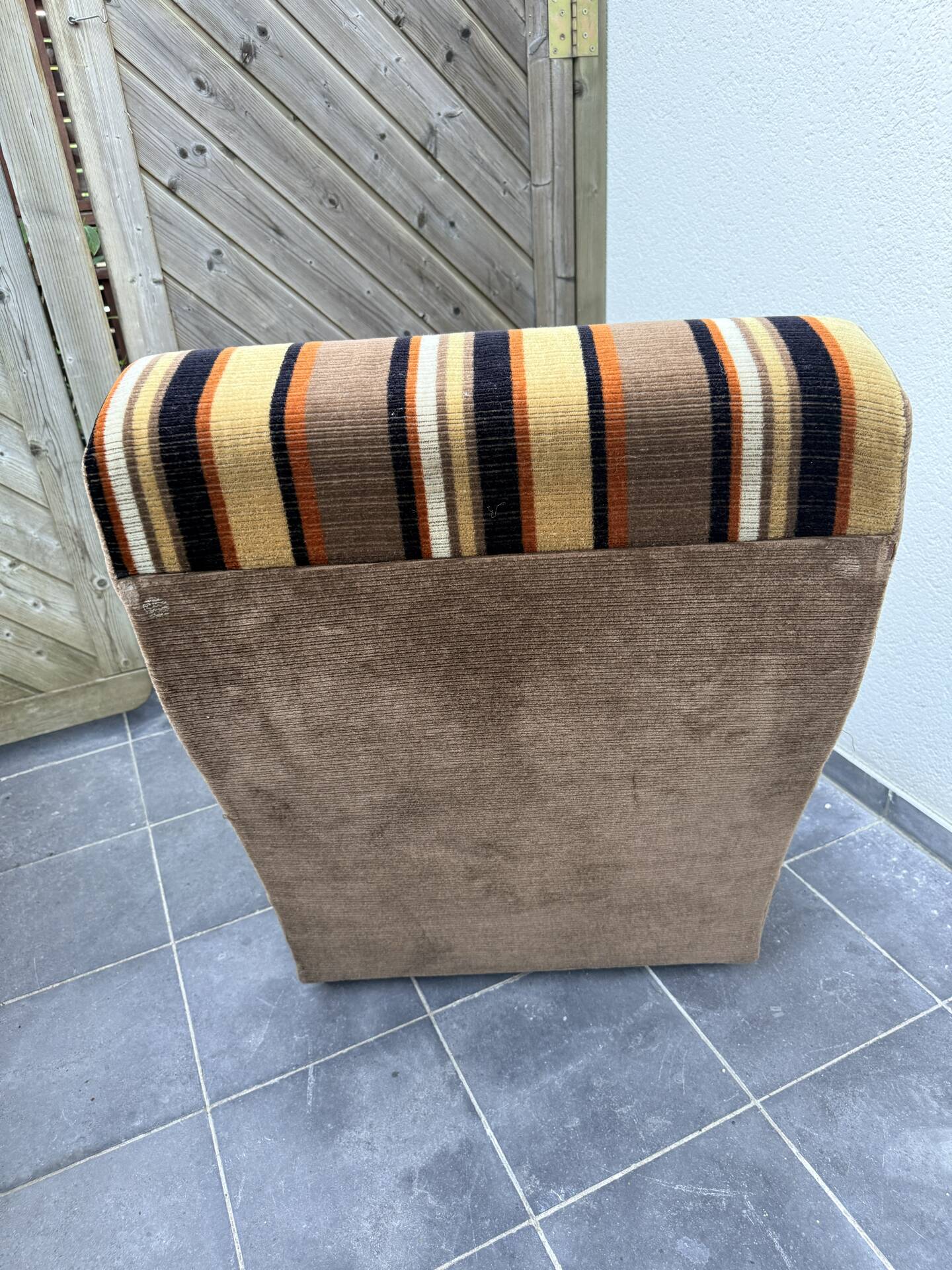 Vintage 1970s lounge chair – striped orange, brown, and cream velvet