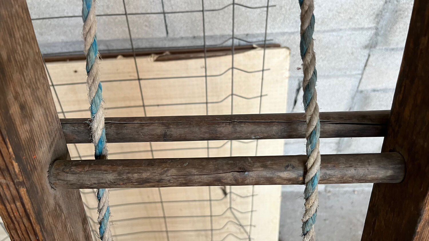 Very large vintage sliding wooden ladder