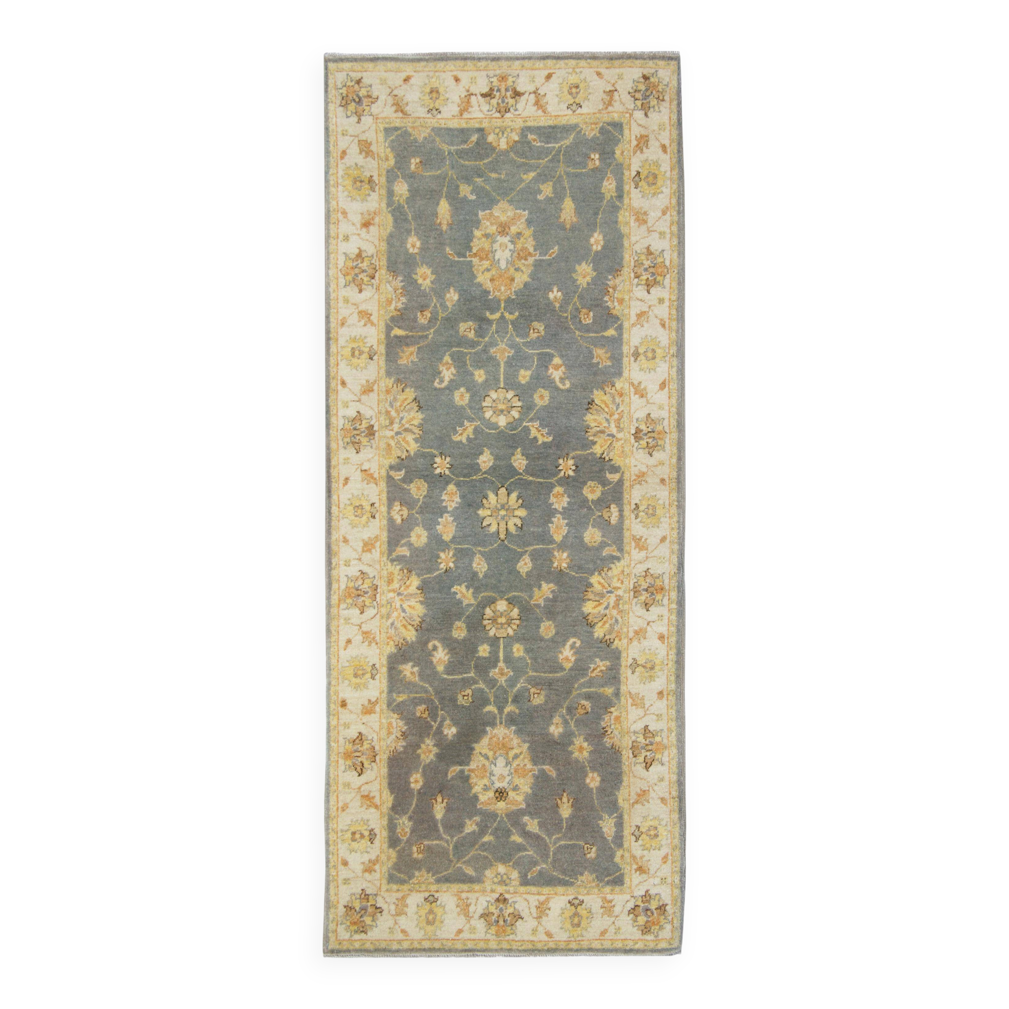 Grey Blue Runner Carpet Handwoven, Wool Handwoven Floral Carpet Rug