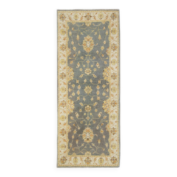 Tapis coureur gris bleu fait main, tapis floral en laine fait main