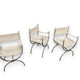 Maison Jansen Set of 4 armchairs Emperor Savonarola White leather and chromed metal