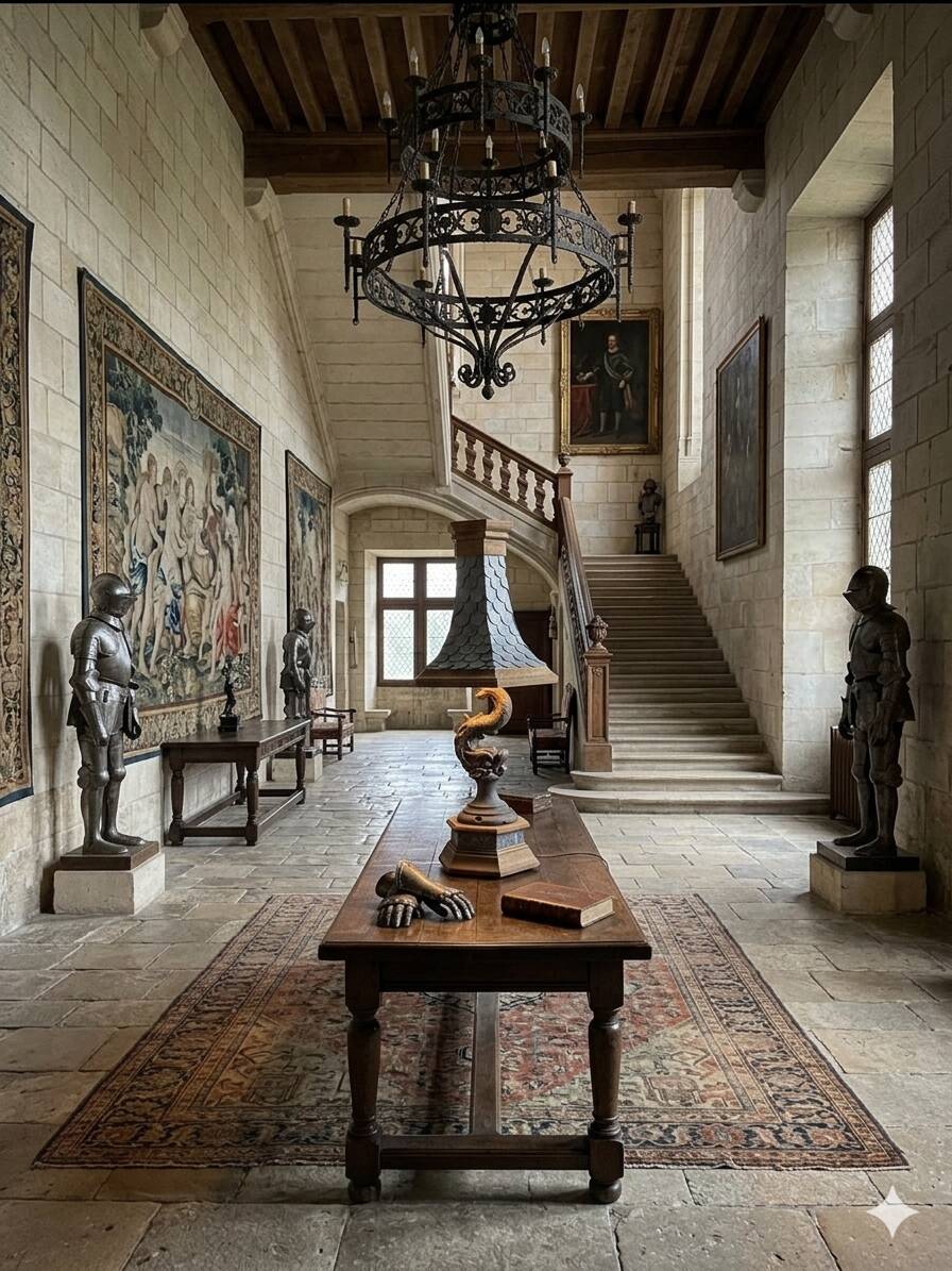 Monumental lamp with a dolphin in cast iron and lead scales - 110cm