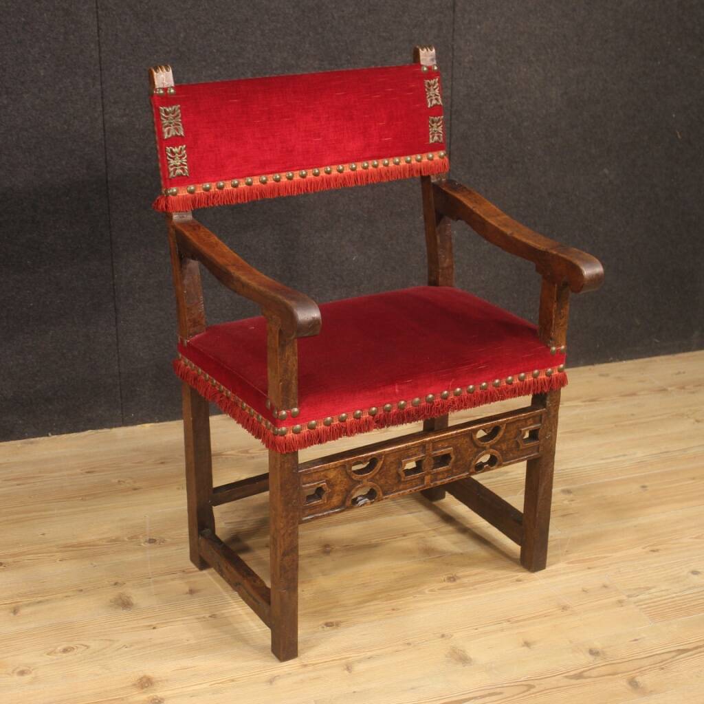 Antique Italian Walnut Armchair With Red Fabric From 19th Century