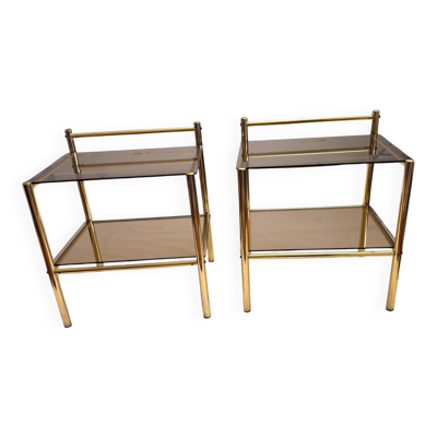 Paire de tables chevet/appoint vintage 1970, métal doré et verre fumé