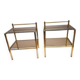 Pair of vintage 1970 bedside/occasional tables, gold metal and smoked glass.