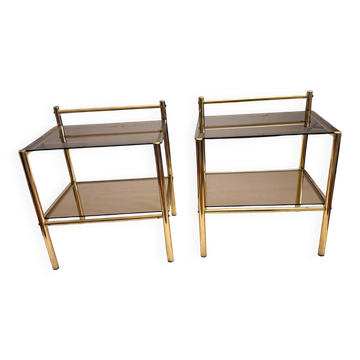 Pair of vintage 1970 bedside/occasional tables, gold metal and smoked glass.