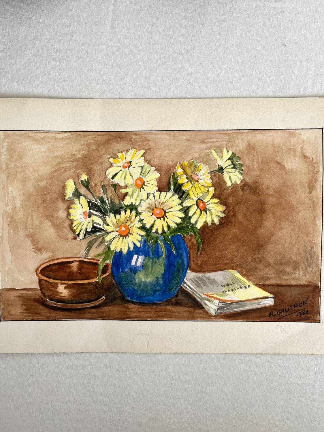 Small watercolor bouquet of yellow flowers signed Gautron 1986