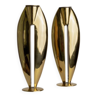 Doré Laiton Vintage Candle Holders – Two 1970s Art Deco Brass Sculptures, Elegant Table Centerpiece