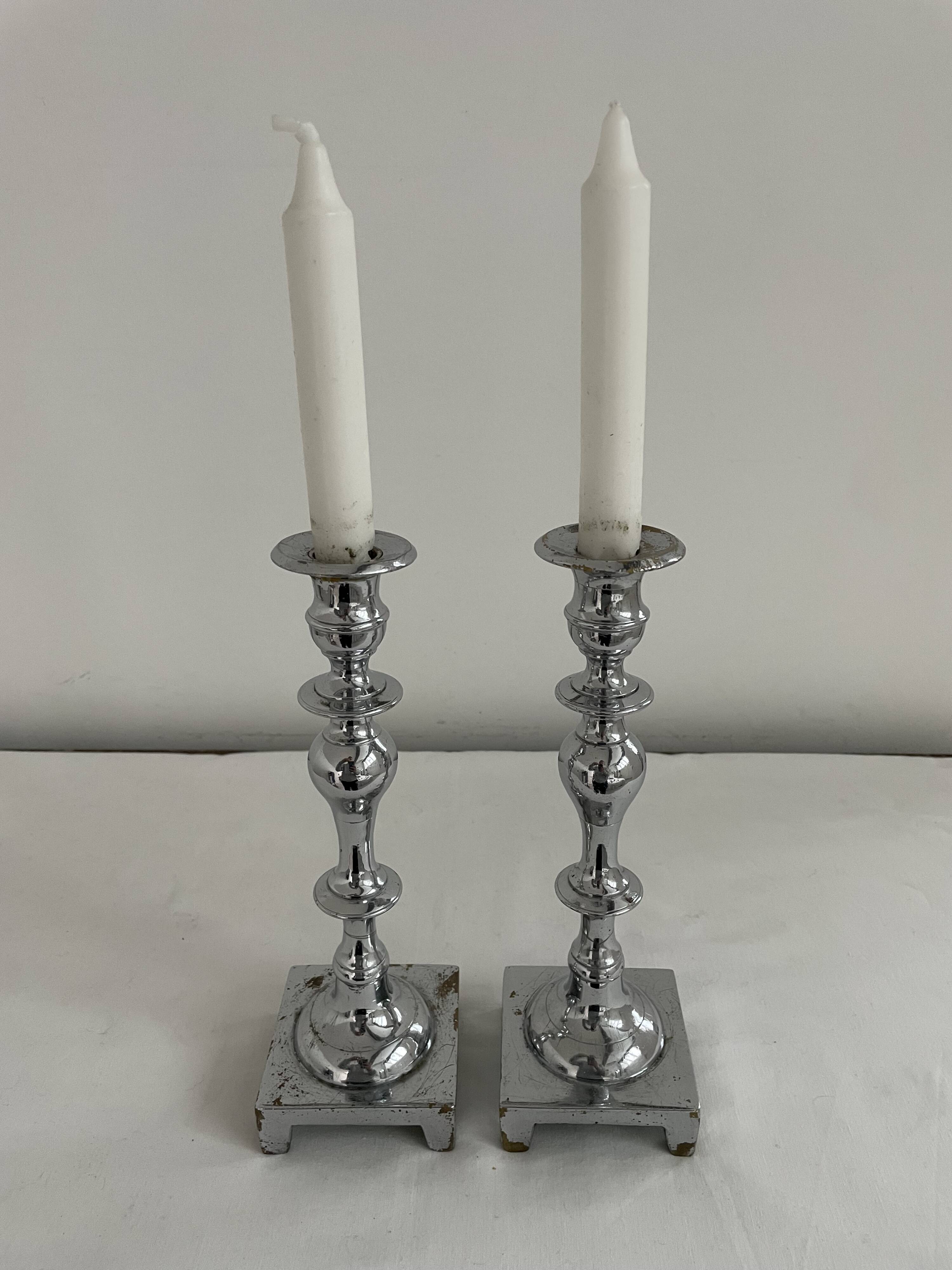 Large antique silver plated candlesticks, square base, pair, classic